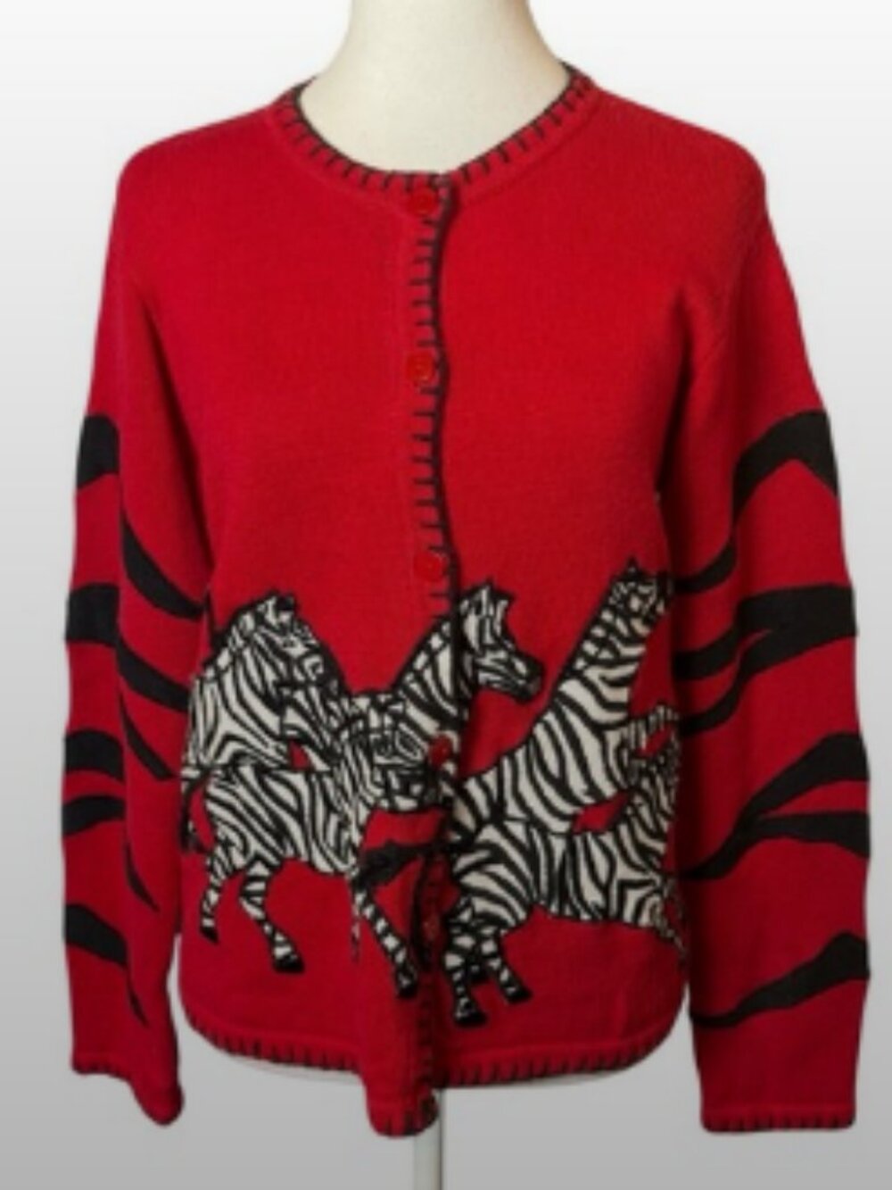 Vintage Ronnie Salloway Zebra Red Cardigan Size Medium